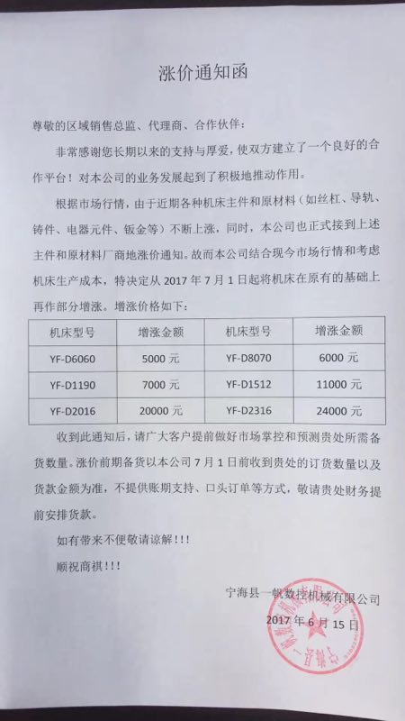 數(shù)控雕銑機(jī)和高速龍門銑漲價(jià)通知！